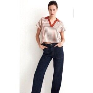 Madewell Women Burnt Red White Striped Texture Rib Cropped Polo Tee Sz S 1254H4